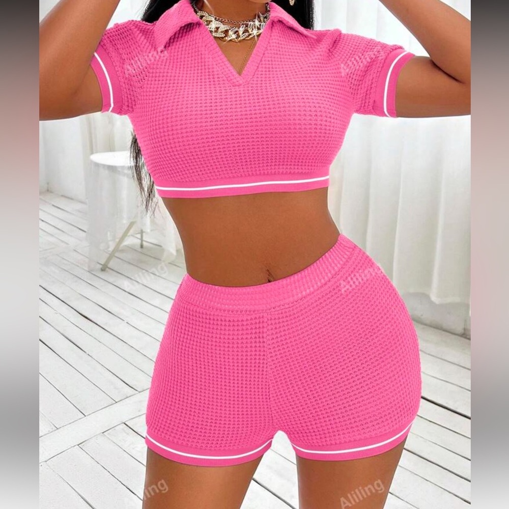 SHEIN Women's Ribbed Patchwork Collared Cropped Top And Shorts Set